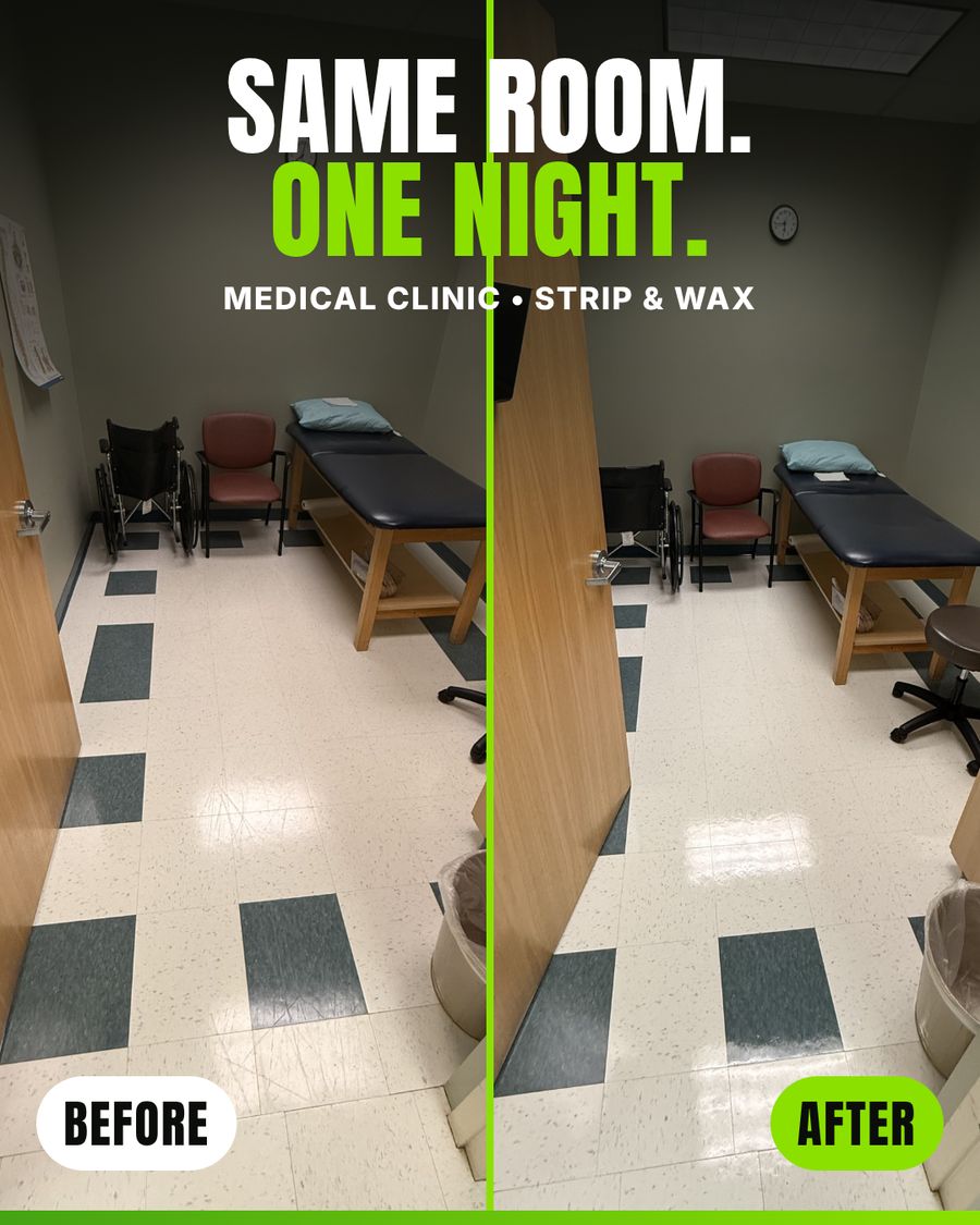 Before and after floor stripping and waxing in a medical clinic exam room