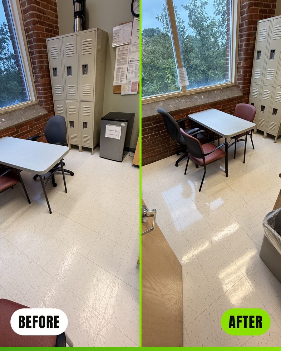Before and after floor waxing in a medical clinic break room