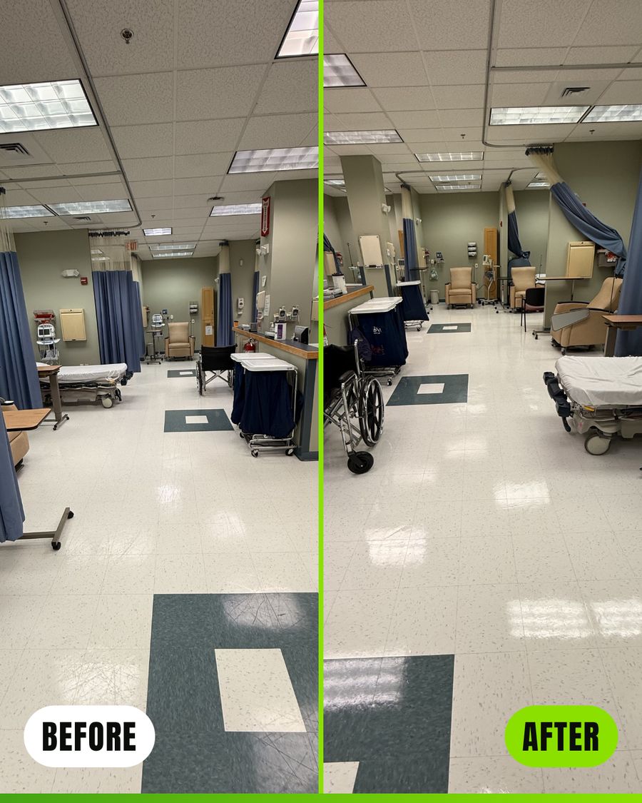 Before and after floor stripping and waxing in a clinic treatment area