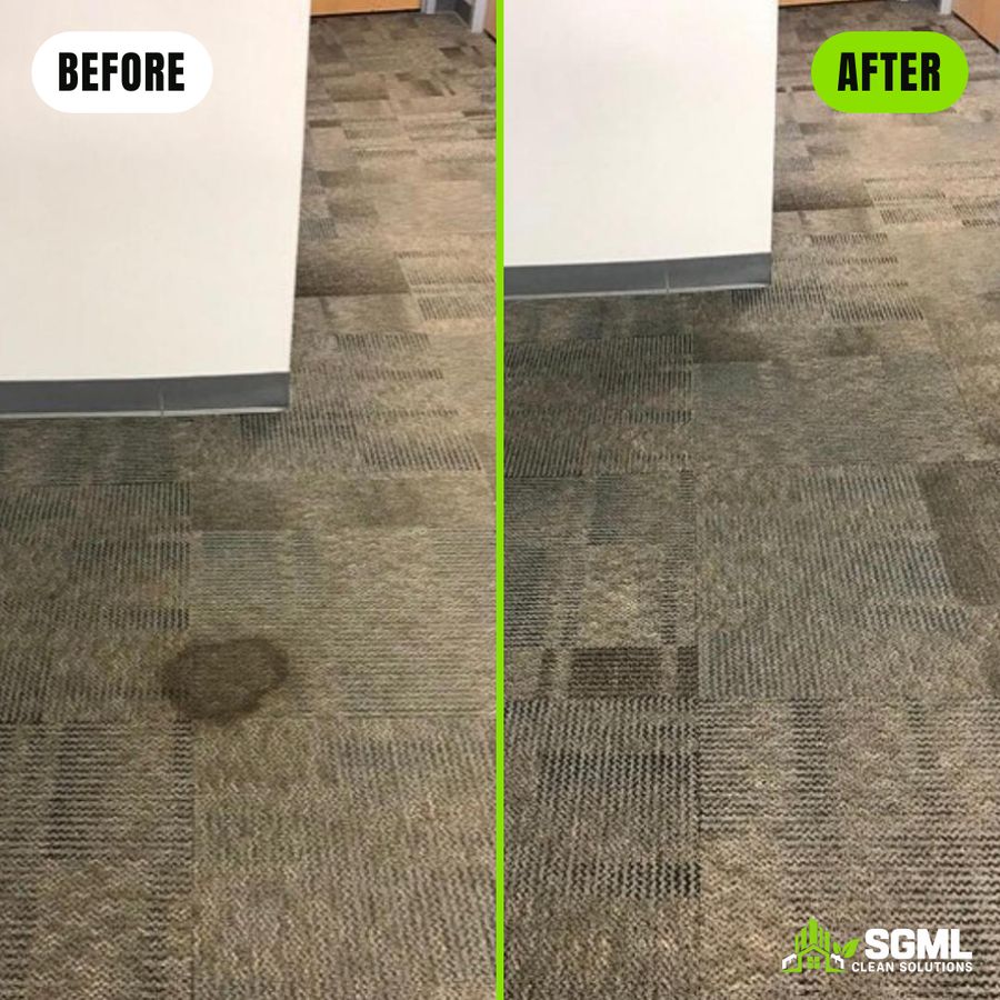 Before and after carpet tile cleaning removing a dark stain