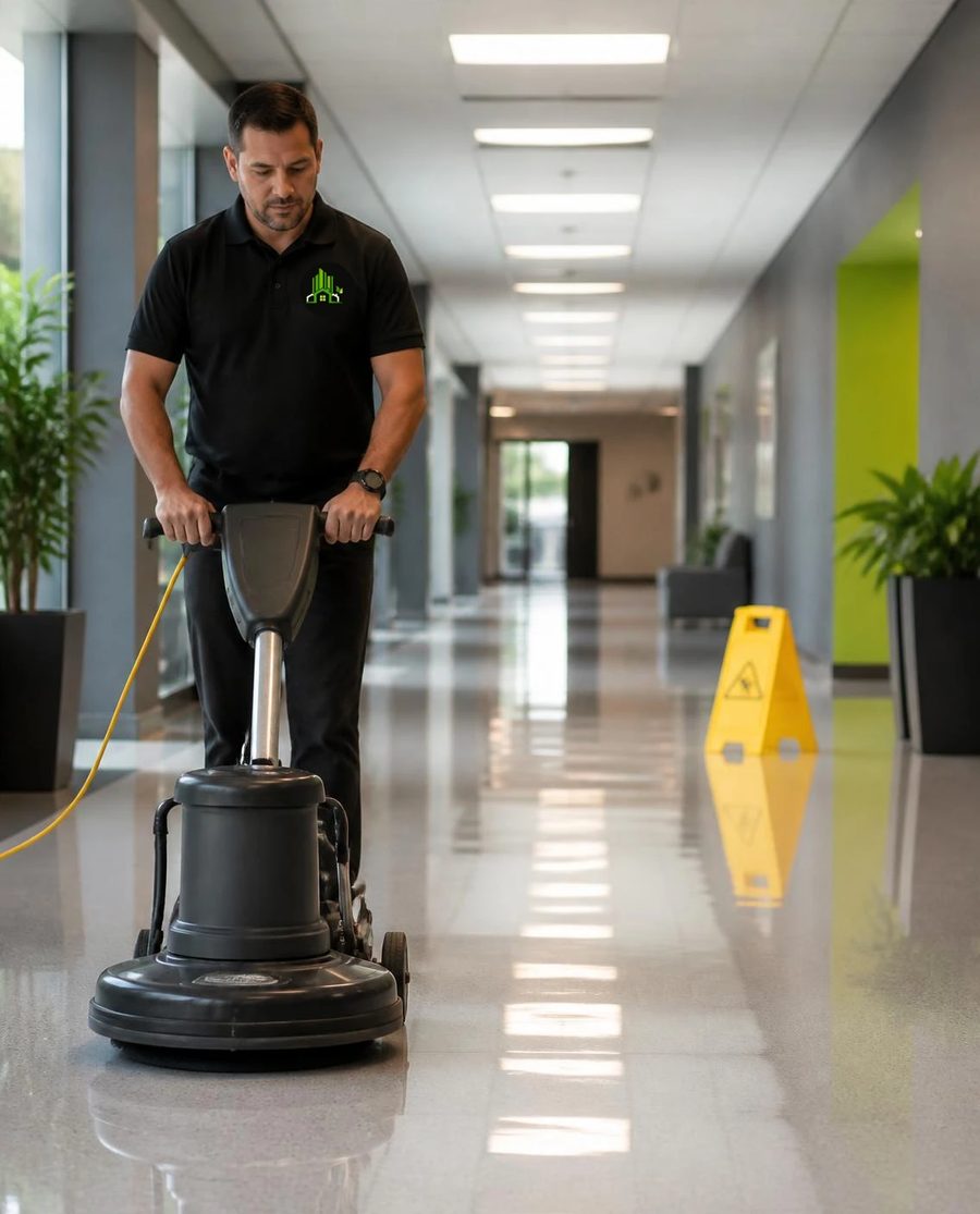 SGML Clean Solutions technician burnishing a glossy commercial floor in Lowell, MA